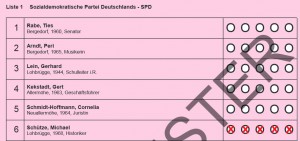 Auszug aus dem Musterstimmzettel der SPD für den Wahlkreis Bergedorf